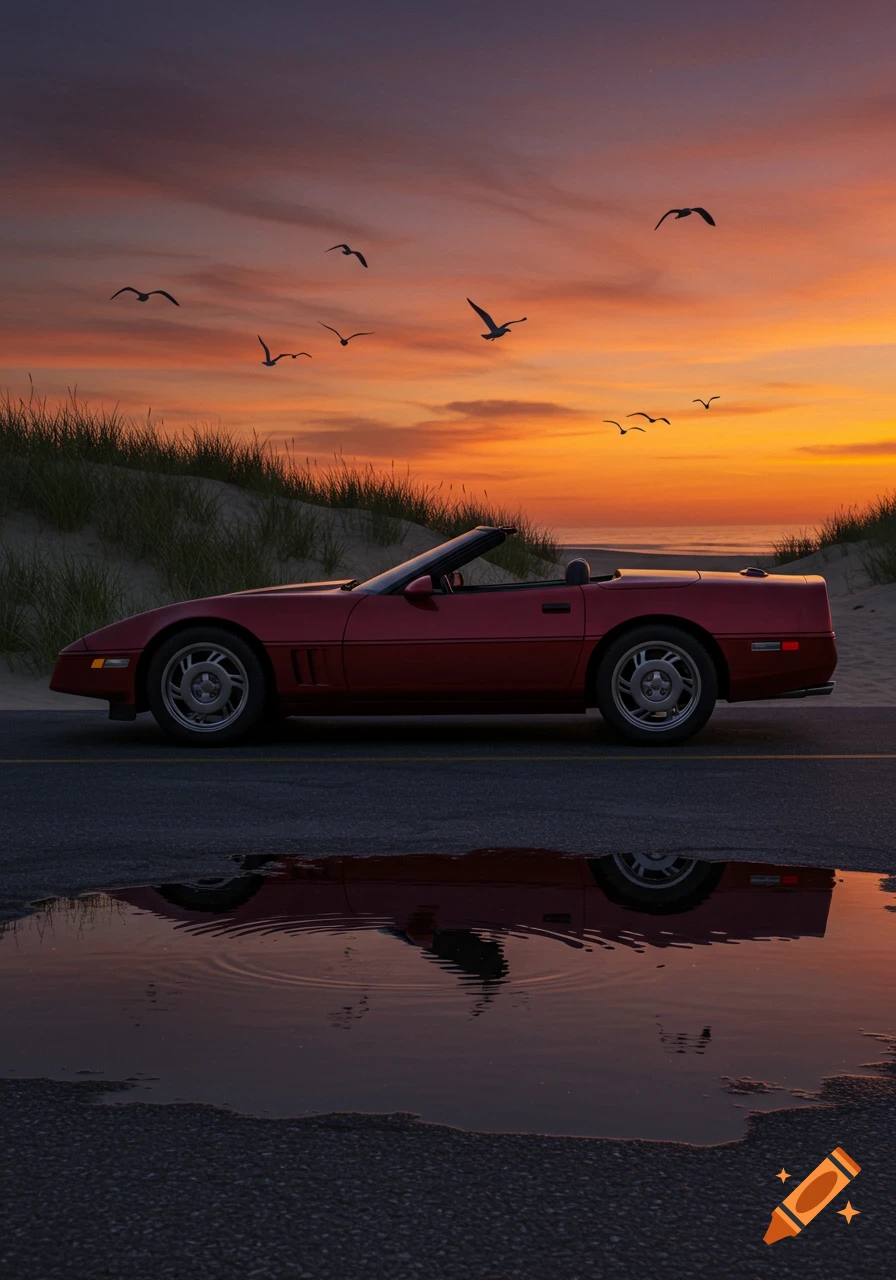 A red convertible Corvette parked on a road, reflected in a puddle, against a vibrant sunset over a sandy beach with birds.