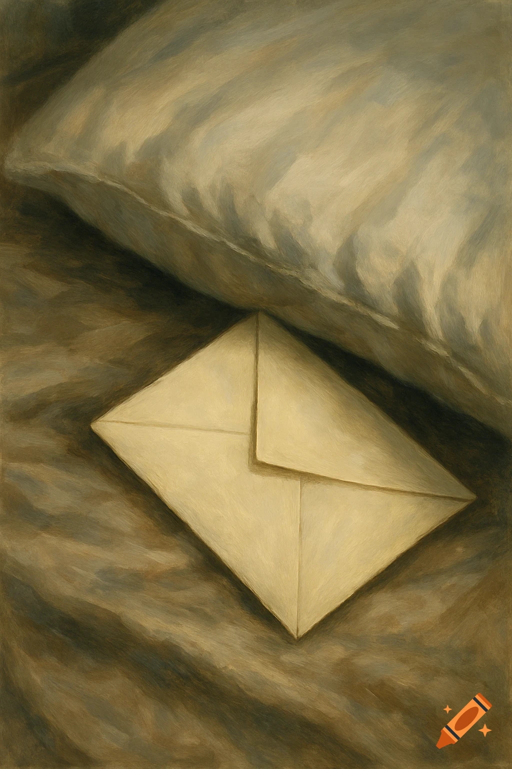 A painterly image of a cream-colored envelope partially hidden under a beige pillow.