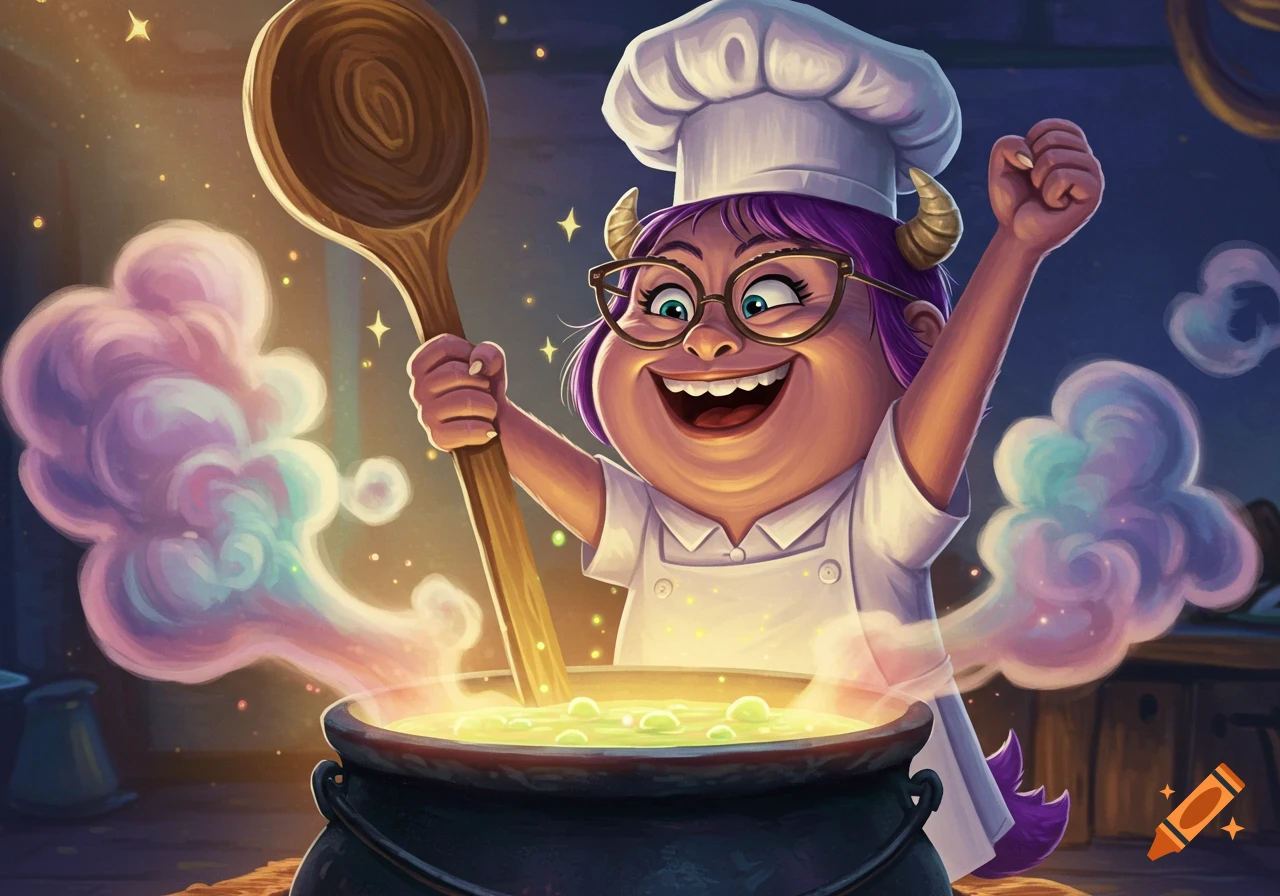 Cartoon illustration of Roz from Monsters Inc., dressed as a chef, triumphantly holding a giant wooden spoon over a bubbling, glowing pot.
