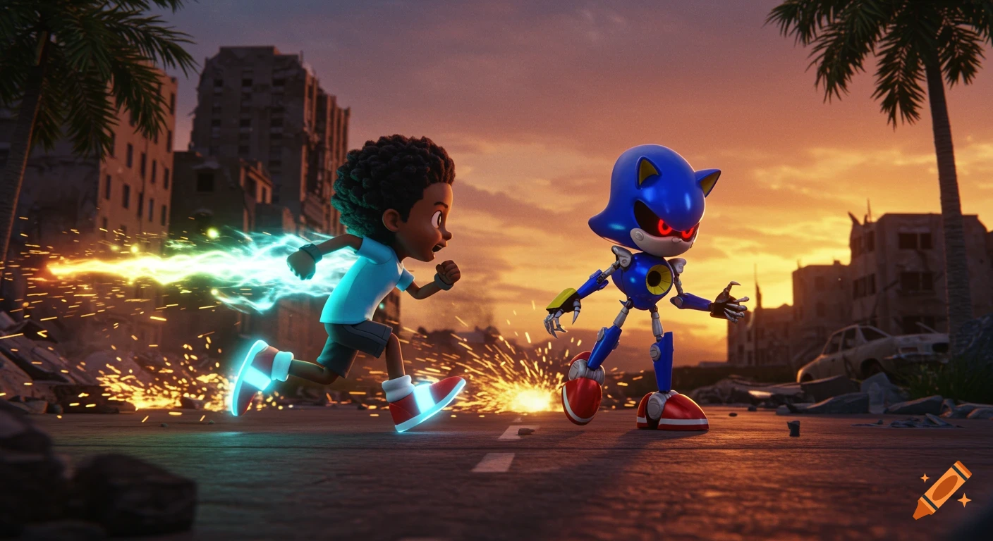 A young Black boy superhero runs with glowing energy trails through a destroyed city at sunset toward a menacing blue robot.
