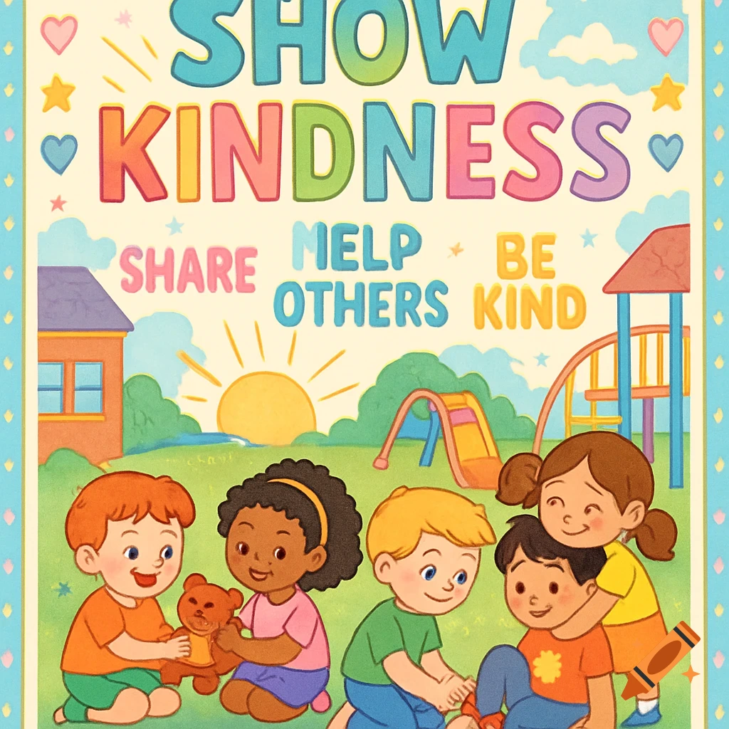 Cartoon poster showing diverse children playing in a park, with text promoting kindness.