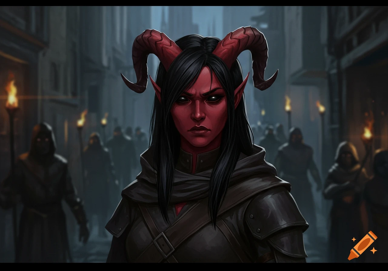 A female Tiefling with red skin, black hair, and horns, wearing dark armor, stands with a wary expression in a shadowy alley.