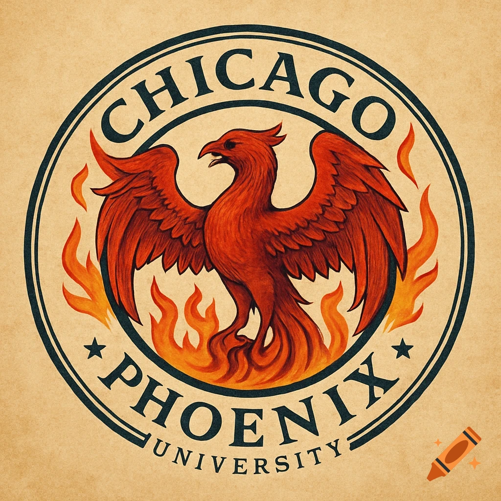 A round logo featuring a red phoenix surrounded by flames. Text reads 'CHICAGO PHOENIX UNIVERSITY' in an old-style font.