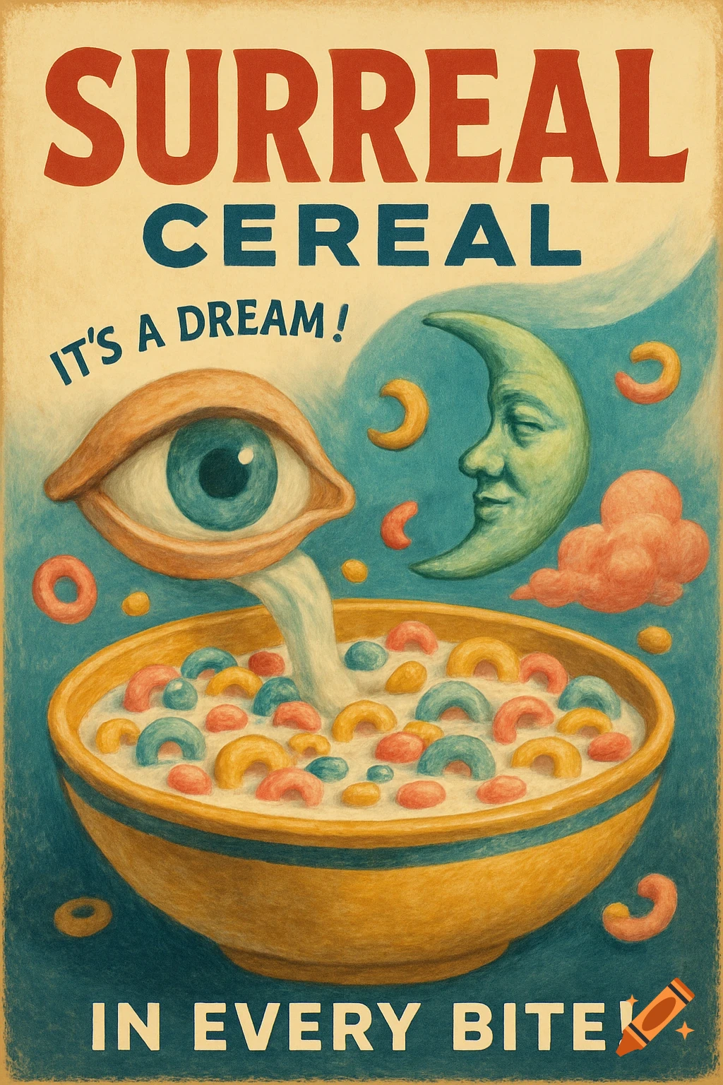 Vintage-style surreal cereal ad poster featuring a large eye pouring milk into a bowl of colorful cereal loops, with a crescent moon.