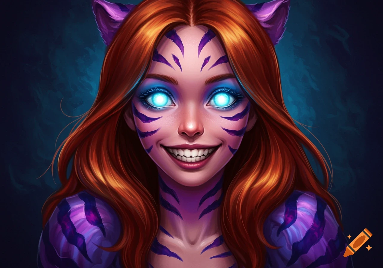 A stylized close-up of a character with glowing blue eyes, a wide grin, long red hair, purple tiger stripes, and cat ears.
