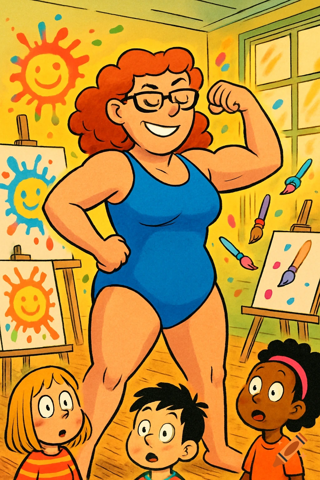 Cartoon woman in a blue swimsuit flexing muscles in an art class, surrounded by easels with sun paintings and observing children.