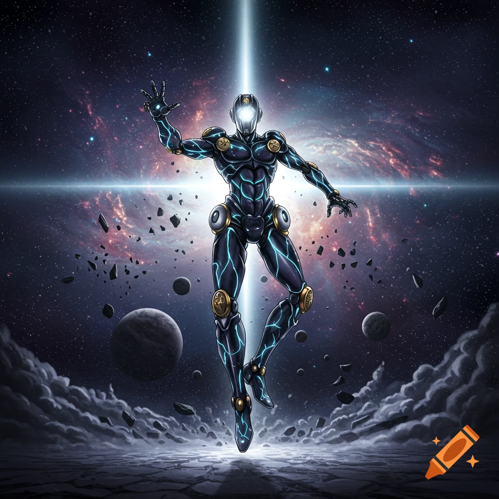 A dark armored, glowing figure floats in cosmic space with planets and asteroids, a bright light beam behind.