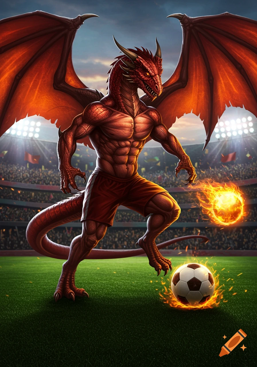 A muscular red dragon in red shorts playing soccer on a green field inside a stadium, with fiery soccer balls.