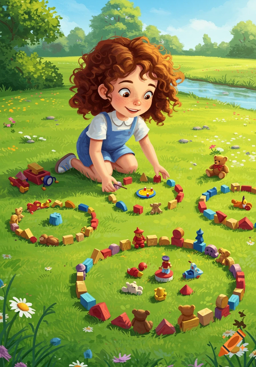 A happy, curly-haired girl in a blue dress plays with wooden blocks and toys in a sunny green field by a river in an illustrated style.