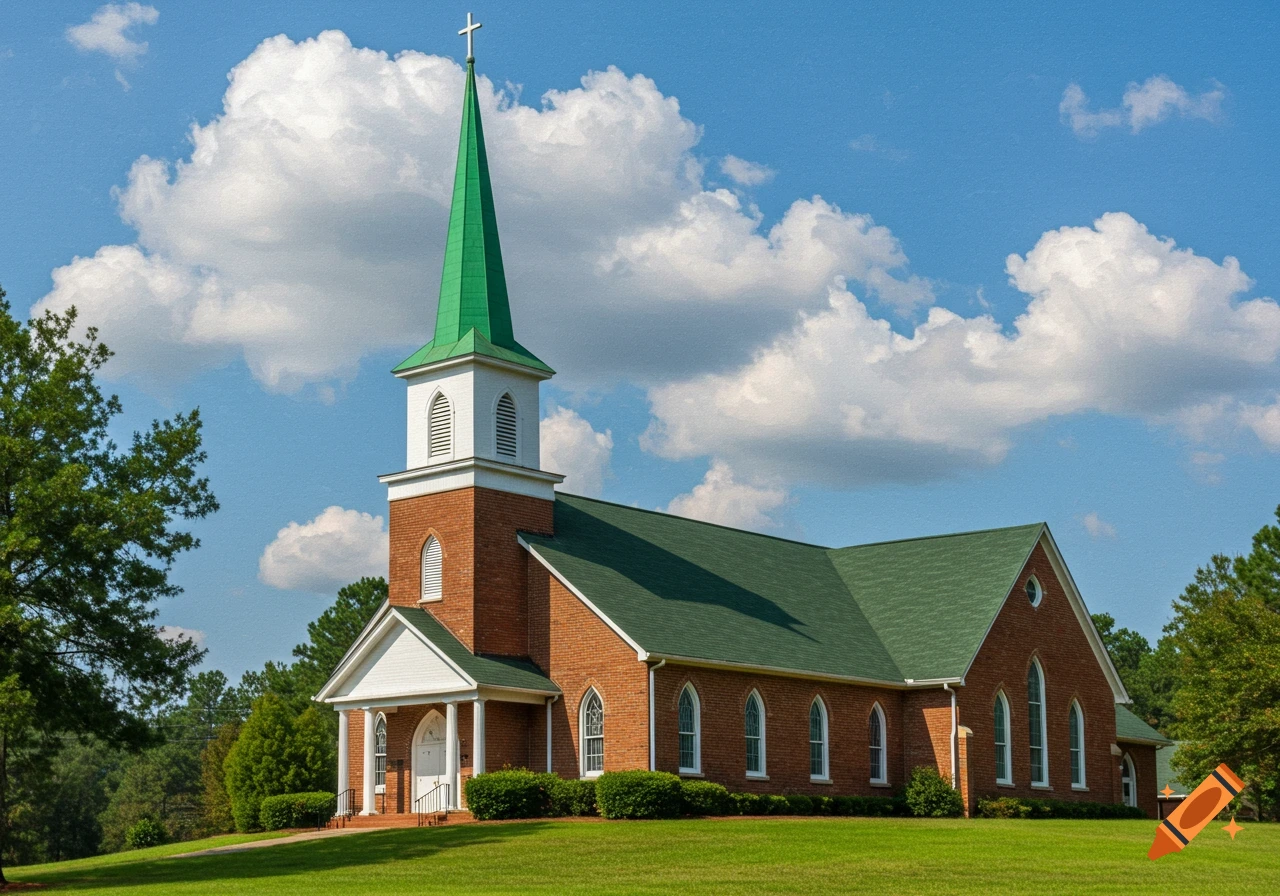 A red brick church with a prominent green steeple and roof stands on a grassy hill under a bright blue sky with white clouds.
