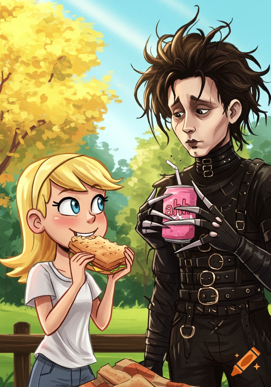 A cartoon girl eating a sandwich with Edward Scissorhands drinking from a pink soda can at a picnic.