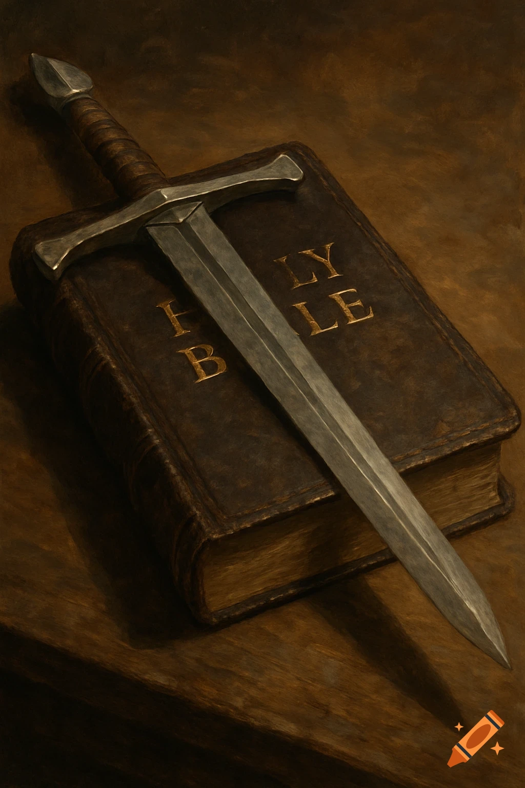 A metal sword rests diagonally across a dark brown, leather-bound book titled "HOLY BIBLE" on a wooden surface.