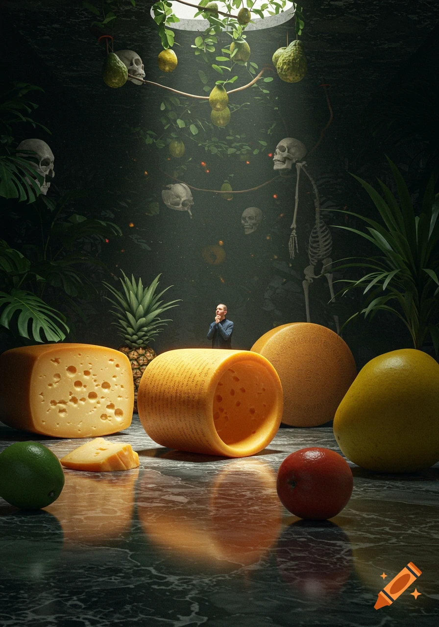A surreal dark fantasy scene with large cheeses, fruits, and a pineapple on a marble table, overlooked by a small man, skulls, and a skeleton hanging from a leafy vine.