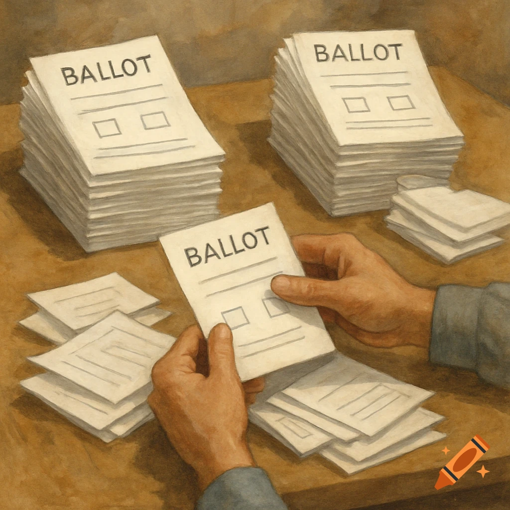 A pair of hands sorts through stacks of paper ballots on a wooden table, with the word "BALLOT" visible on top of each. The image is a stylized illustration.