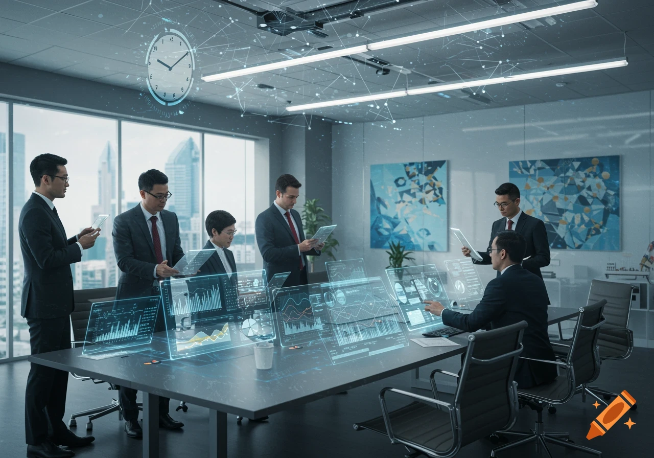 A group of business people in a modern meeting room with holographic displays showing data and charts.