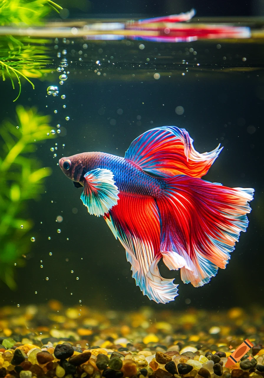A vibrant red, blue, and white betta fish with flowing fins swims gracefully in an aquarium with green plants and pebbles.