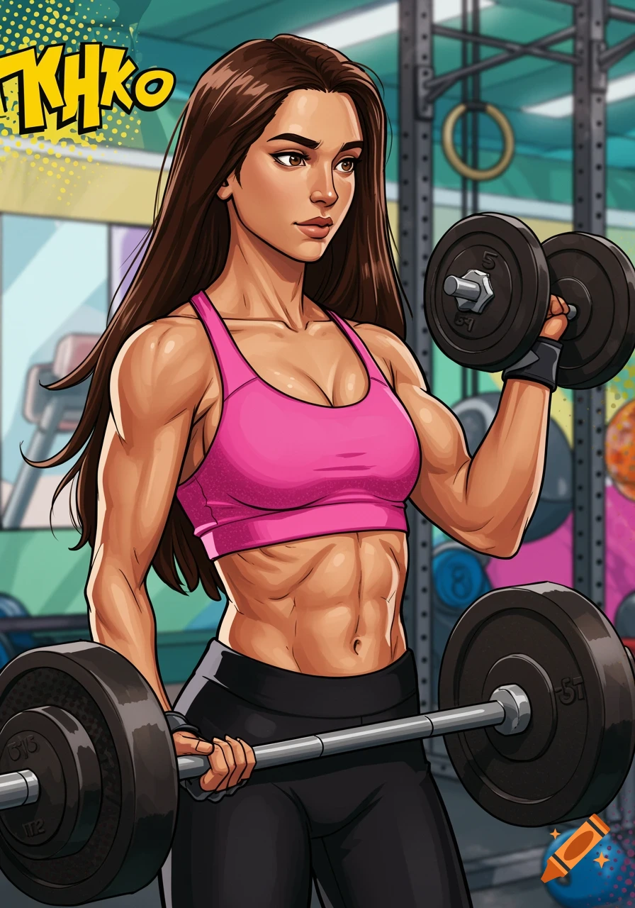 Comic art illustration of a muscular woman with long brown hair, wearing a pink sports bra and black leggings, lifting dumbbells and a barbell in a gym.