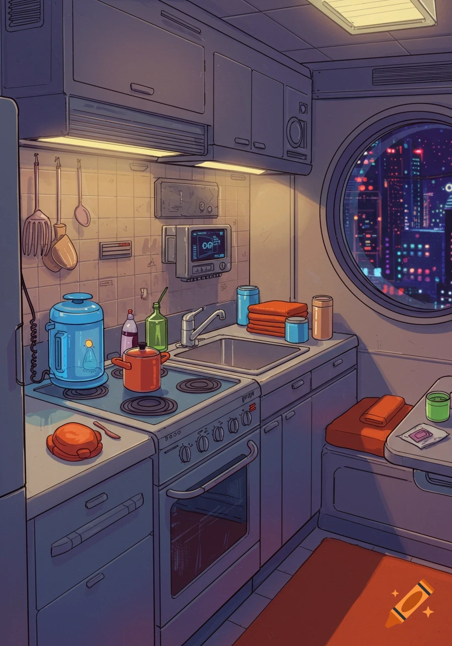 A cozy, y2k-style kitchen with a full counter of appliances, pots, and dishes, and a round window looking out at a city skyline at night.