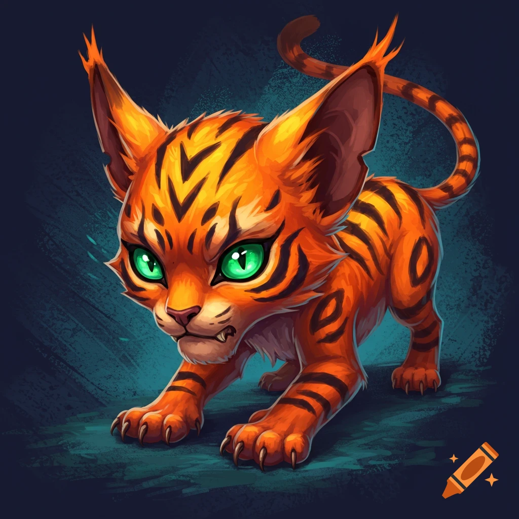 A stylized orange cat-like creature with black stripes and bright green eyes crouches, looking fierce.