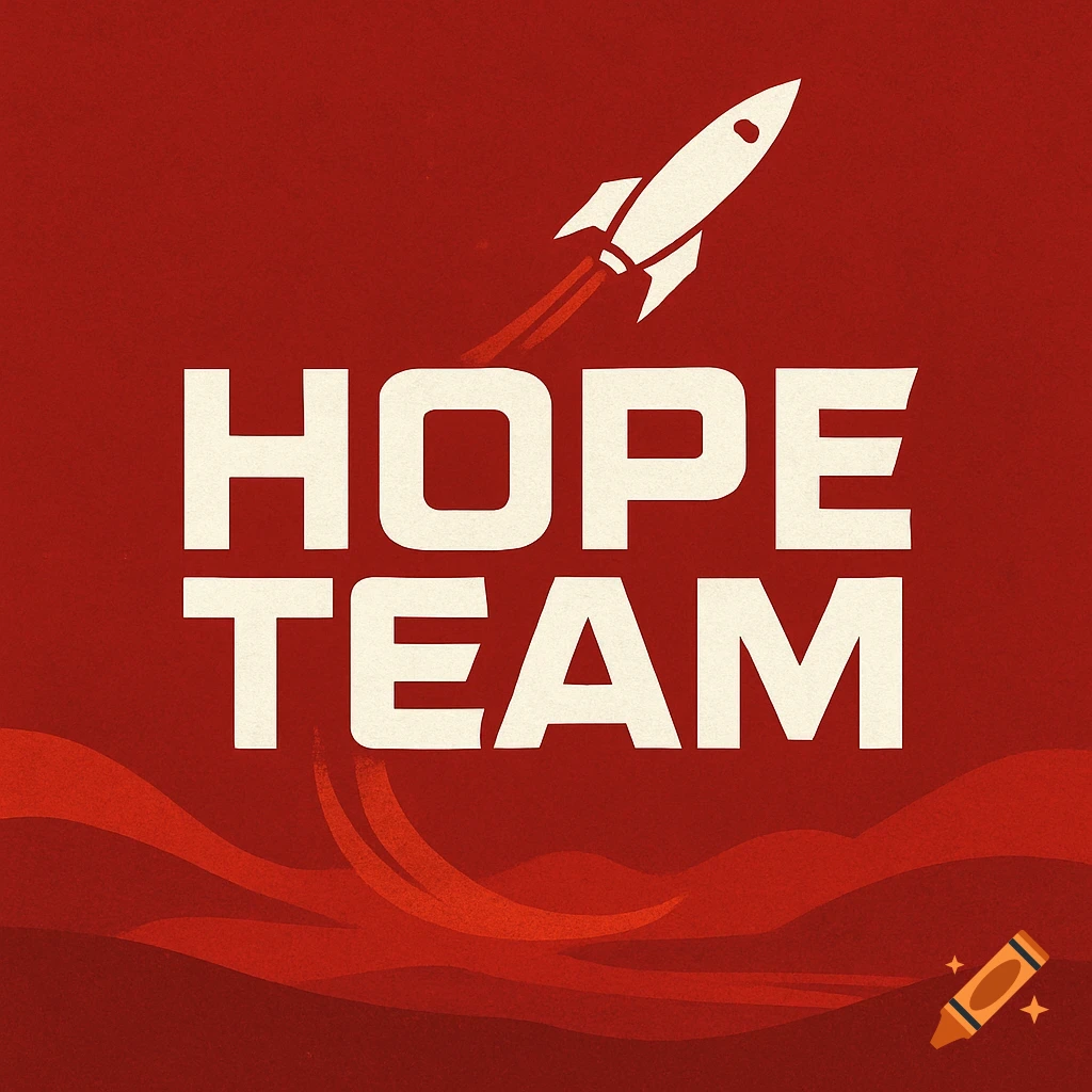 A red logo with a white rocket flying upwards and the text 'HOPE TEAM' in white, in a retro graphic style.