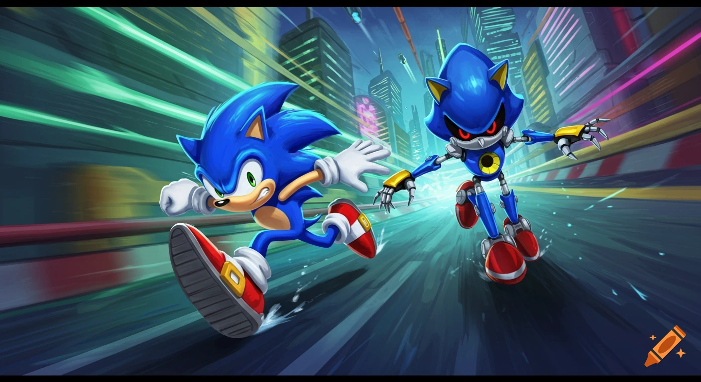 Sonic and Metal Sonic race at high speed through a futuristic city with motion blur.