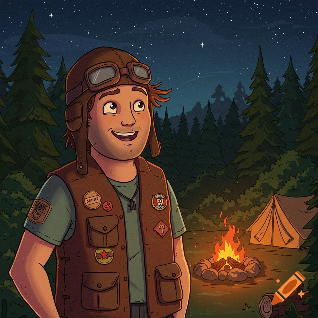 A cartoon man wearing a brown pilot's hat and vest smiles, looking up at a starry night sky. A campfire and a tent are visible in the background among pine trees.