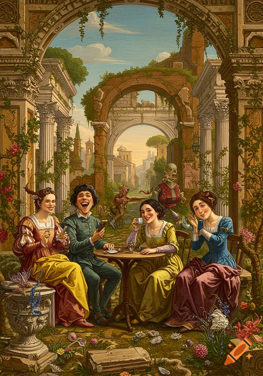 Four people in Renaissance-era clothing interact while seated at a table in ancient Italian ruins with surreal figures in the background, in a whimsical painted style.