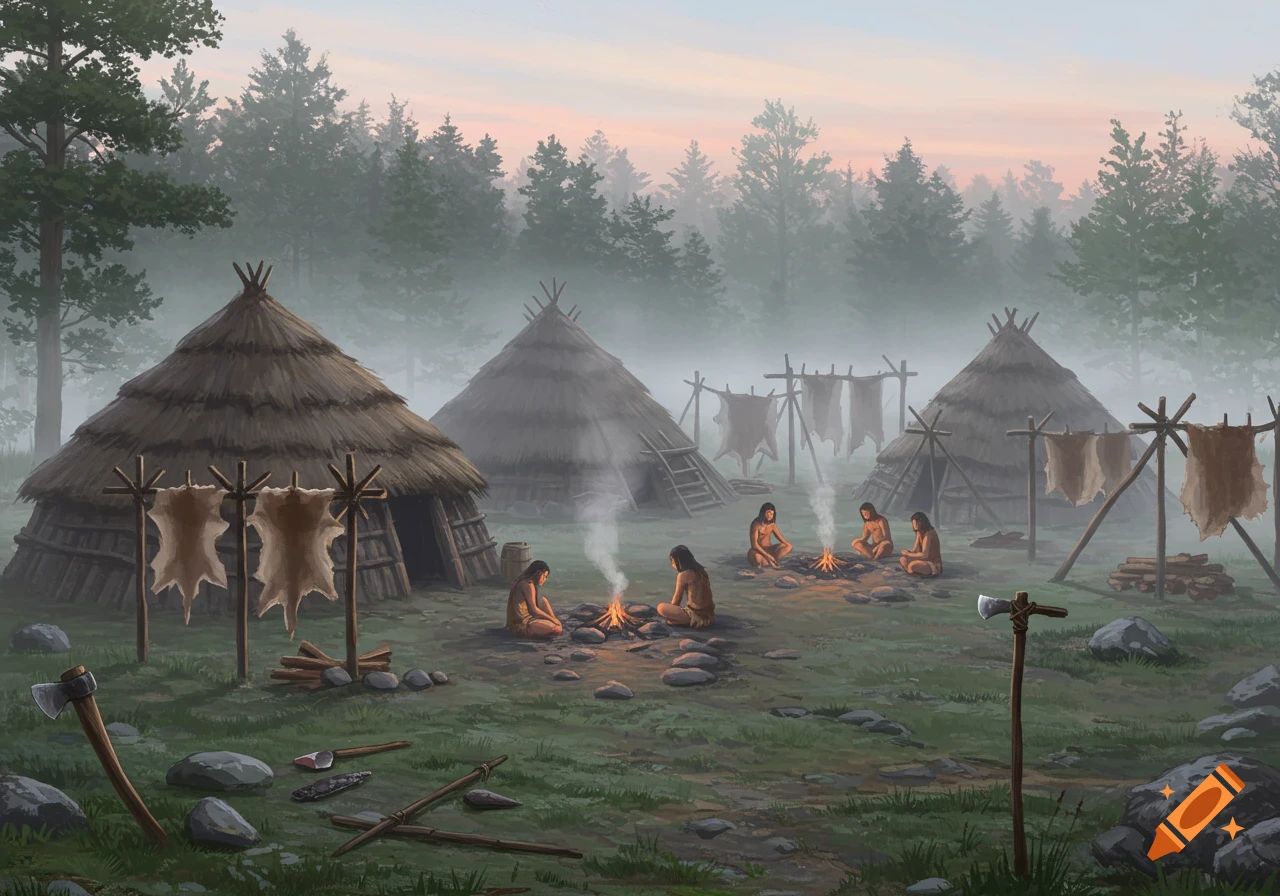 An illustration of a misty Neolithic village with thatched huts, people around campfires, and animal hides drying on racks amidst a dense forest.
