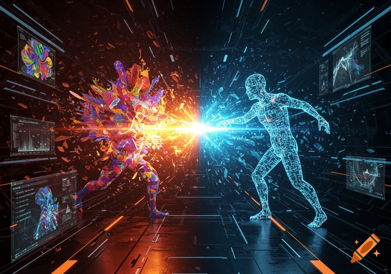 Two abstract, humanoid figures clash with opposing energy beams in a dark, futuristic digital space filled with screens and particles.