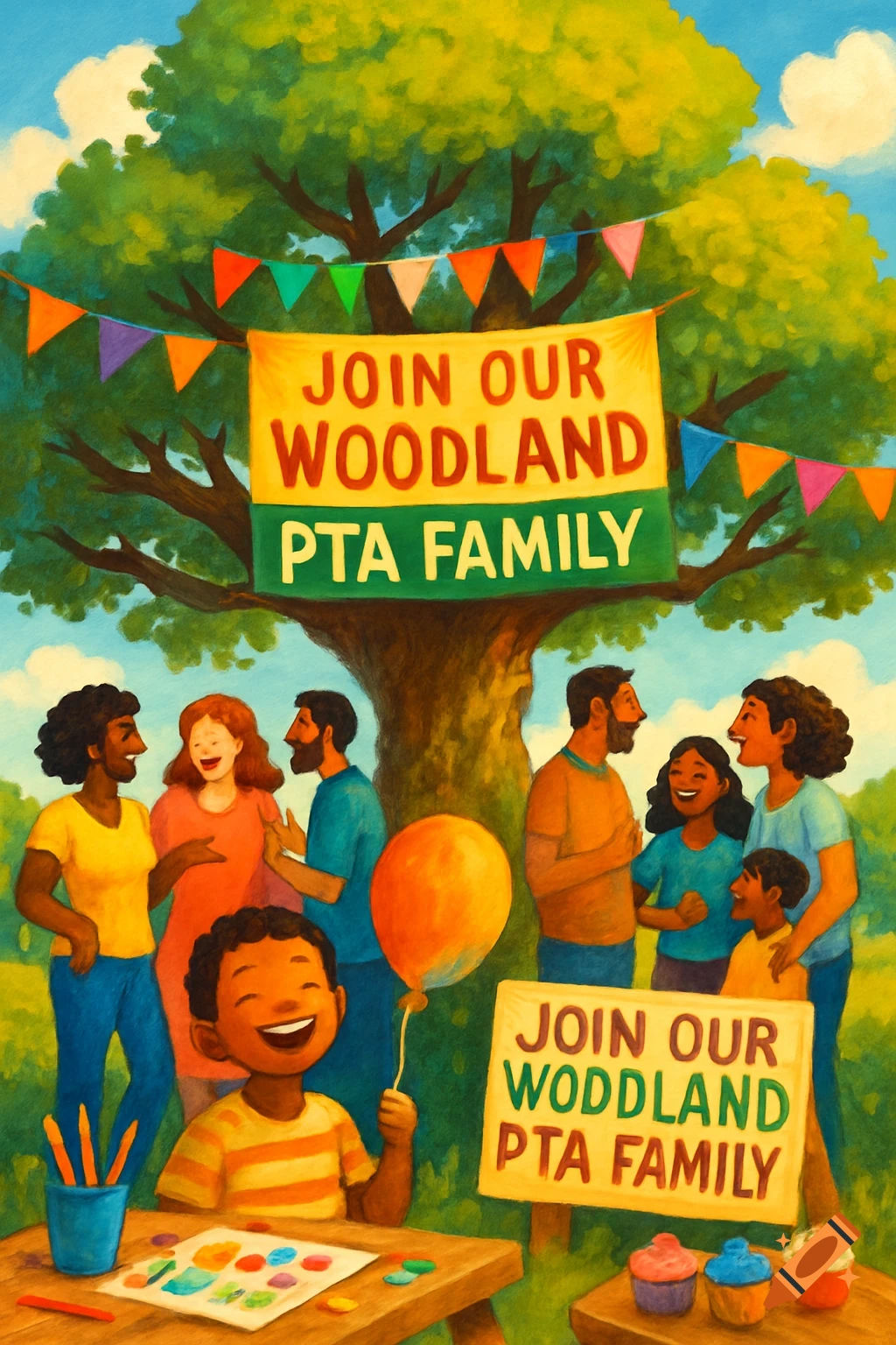 A cheerful, diverse group of adults and children gathered under a large tree for a PTA family event. A child draws at a picnic table. Banners read "Join Our Woodland PTA Family."