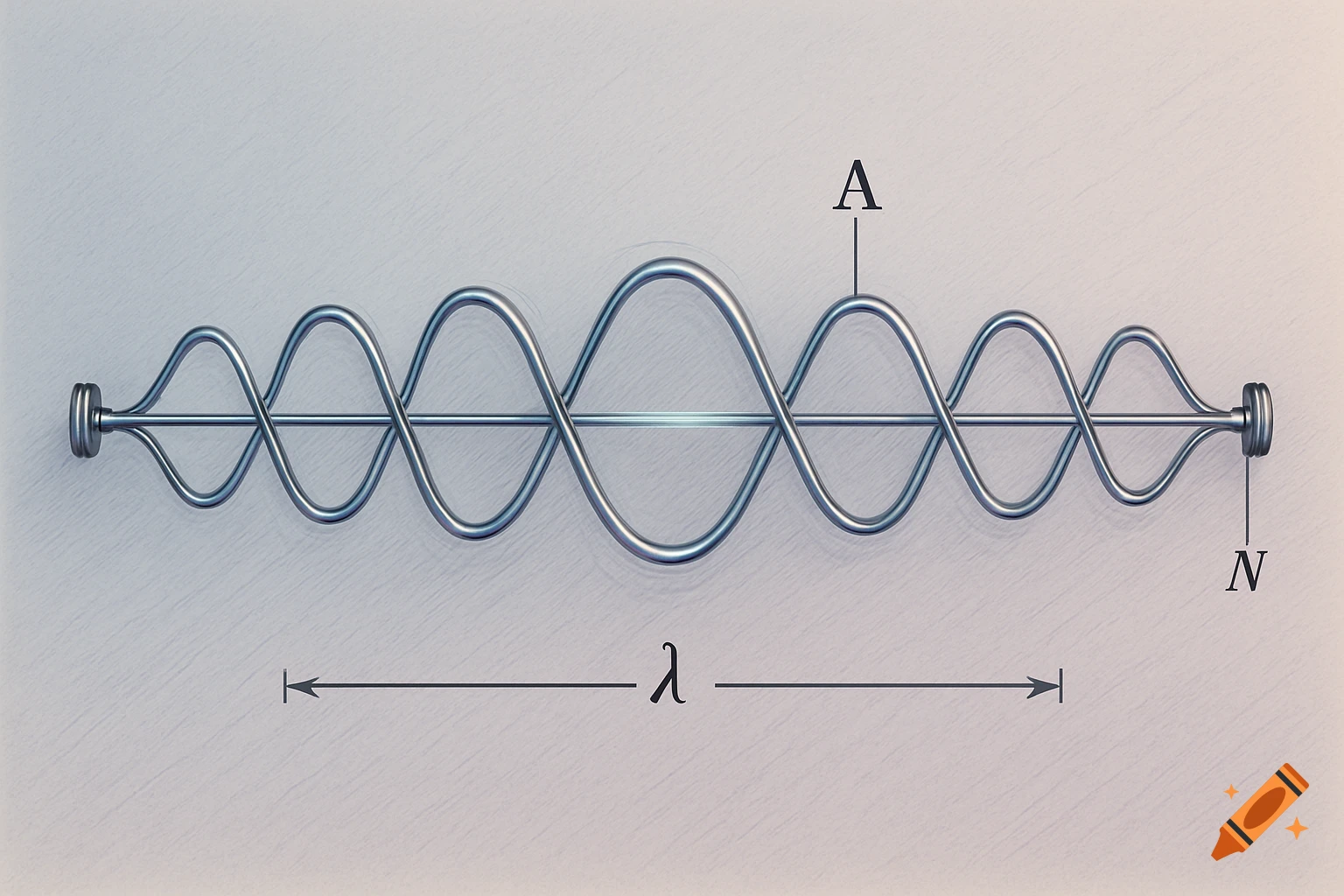 3D rendering of a standing wave on a string, labeled with lambda for wavelength, A for antinode, and N for node.
