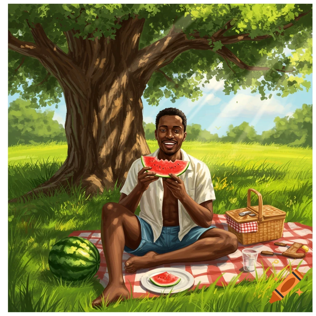 A smiling Black man eats watermelon at a picnic under a large tree in a grassy field on a sunny day, illustration.