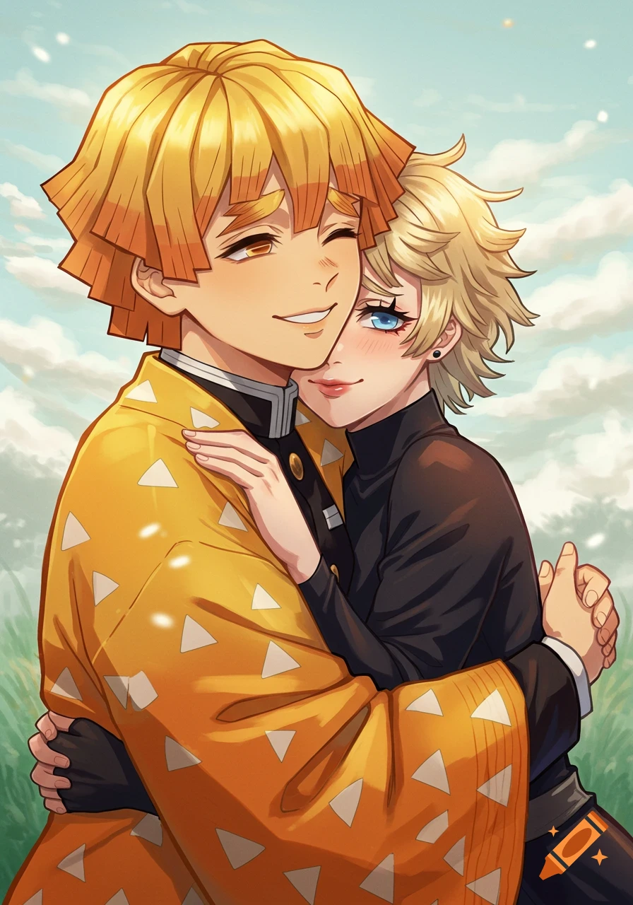 Anime illustration of Zenitsu Agatsuma hugging a person with short blonde hair and blue eyes, set against a bright sky.