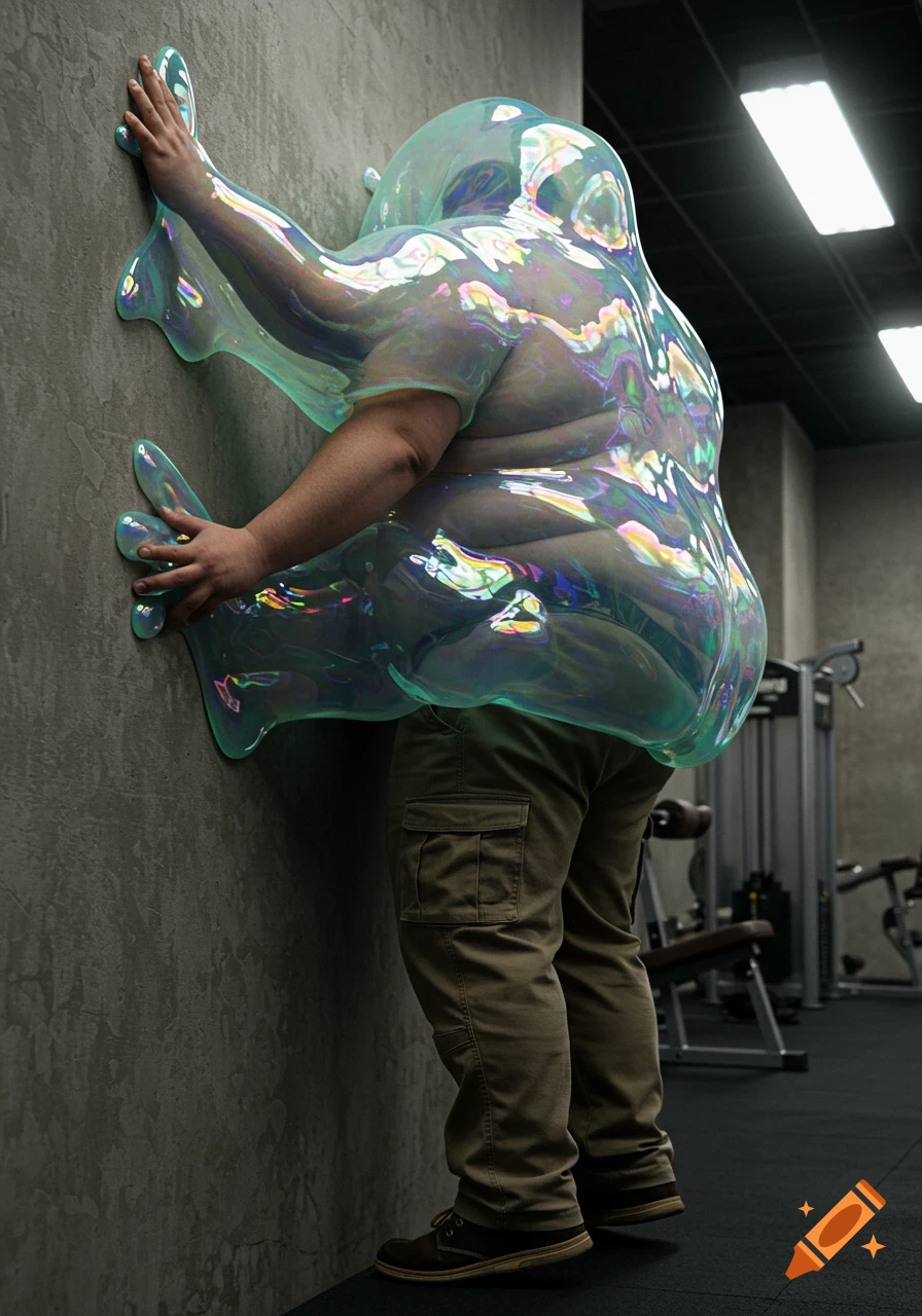 An overweight man in cargo pants is being absorbed by a translucent, iridescent slime blob clinging to a concrete wall in a gym.
