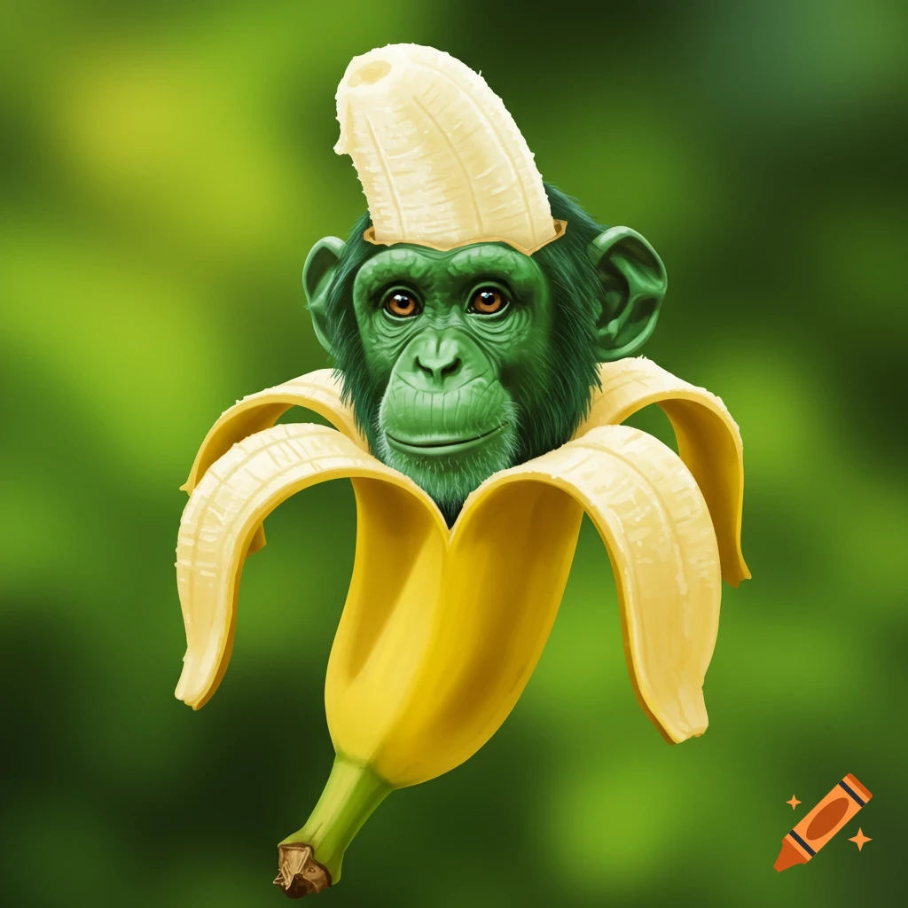 A green chimpanzee head emerging from a peeled banana, set against a blurred green background, in a stylized illustration.