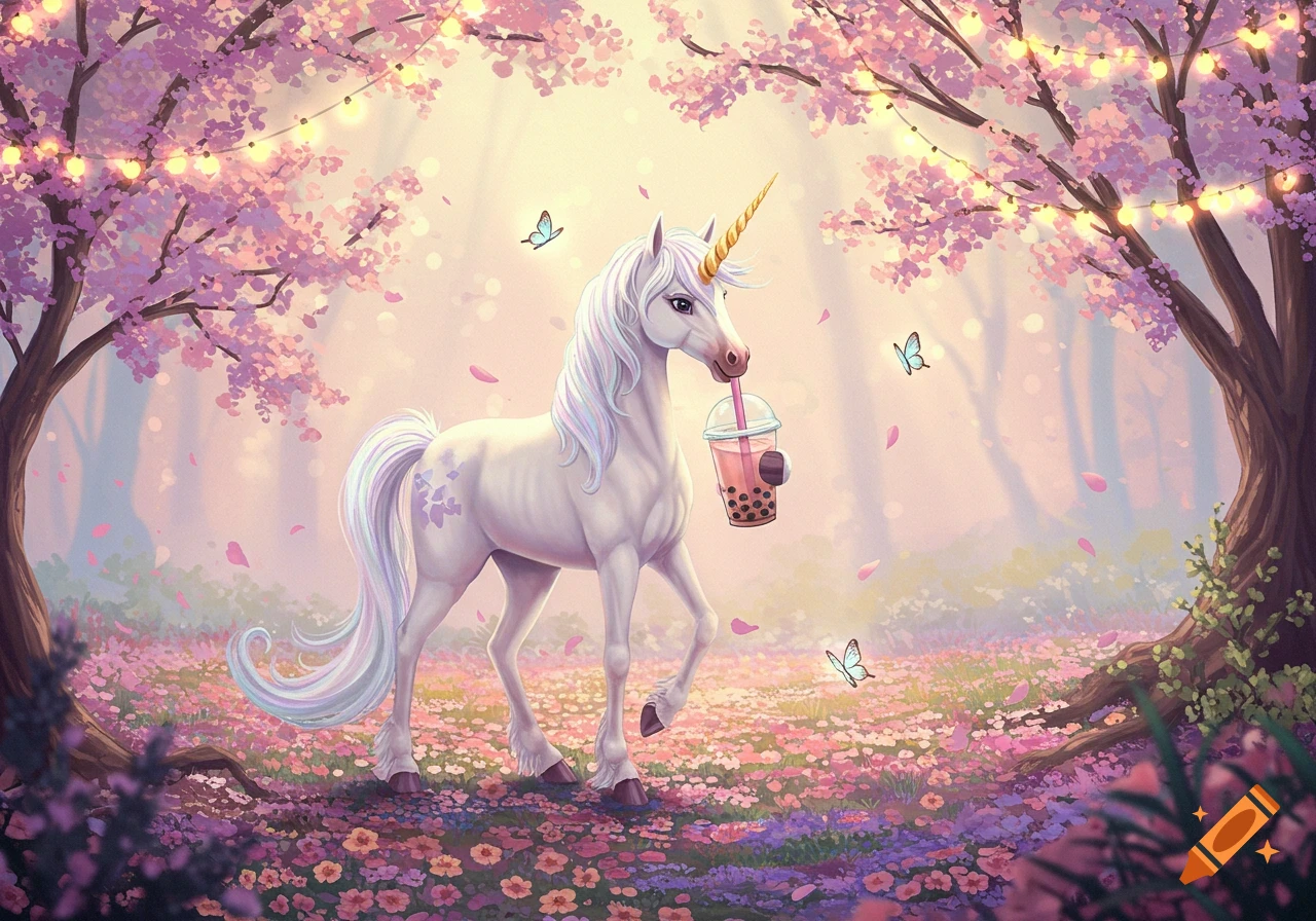 A white unicorn with a golden horn drinks boba from a cup in an enchanted forest with pink cherry blossoms, string lights, and butterflies.