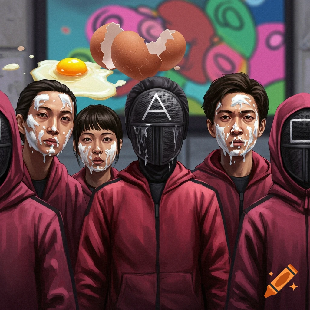 Characters resembling Squid Game guards and participants, some with white liquid splattered on their faces, with a broken egg and fried egg floating above them.