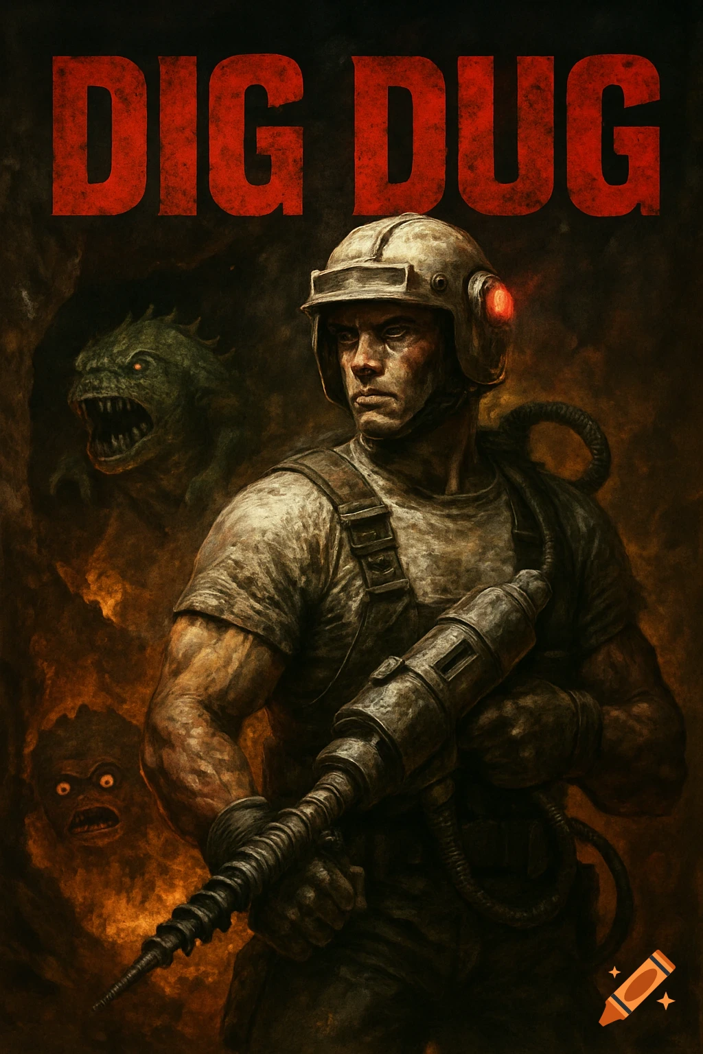 Gritty poster for Dig Dug featuring a man with a drill, monsters, and a fiery cave.