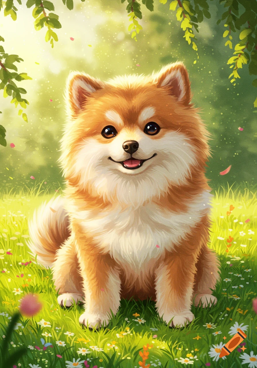 A cute, fluffy light brown and white dog sits in a sunny green field with flowers, smiling.