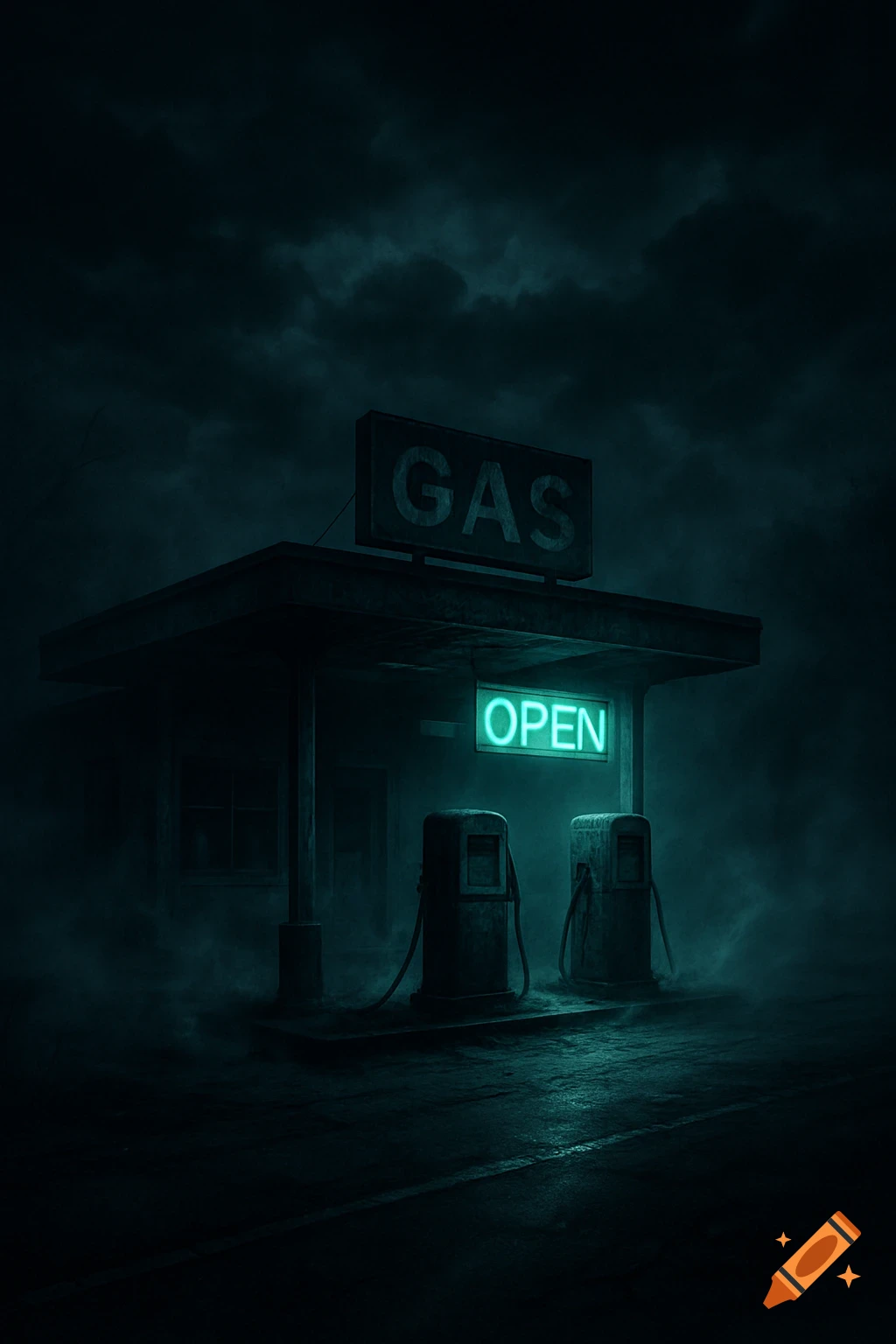 An abandoned gas station at night, illuminated by a glowing green 'OPEN' sign, shrouded in thick fog, creating an eerie, horror-style atmosphere.