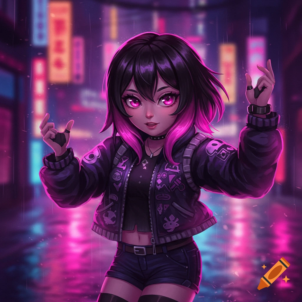 An anime-style girl with black and pink hair, glowing pink eyes, wearing a dark jacket, stands in a neon-lit, rainy cyberpunk city street.