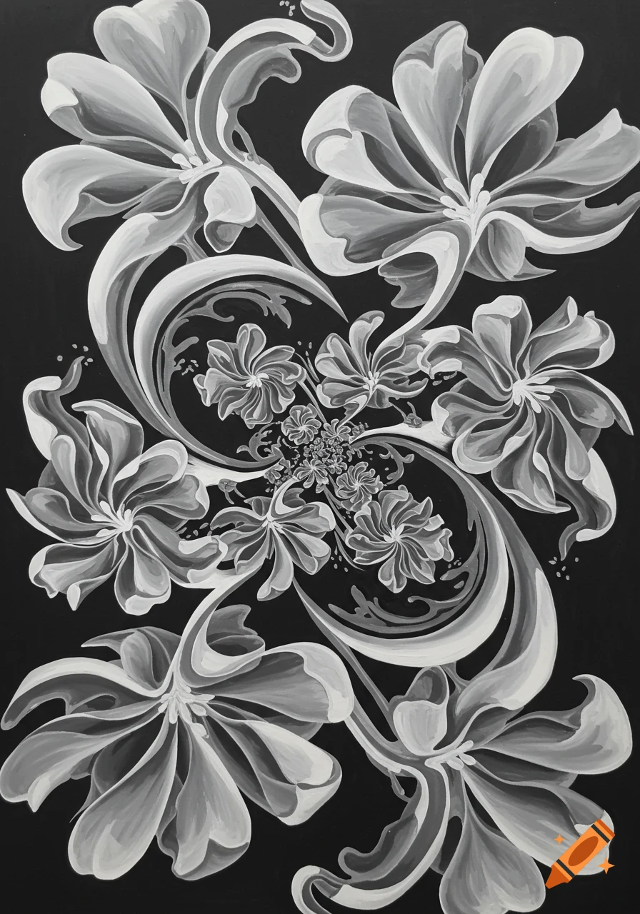 Abstract black and white optical illusion featuring swirling floral patterns.
