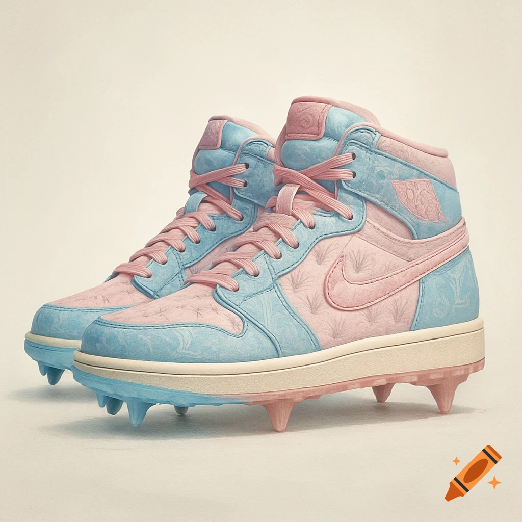 A pair of baby blue and pink Air Jordan 1s with embossed patterns resembling Louis Vuitton monograms, featuring mismatched cleats.