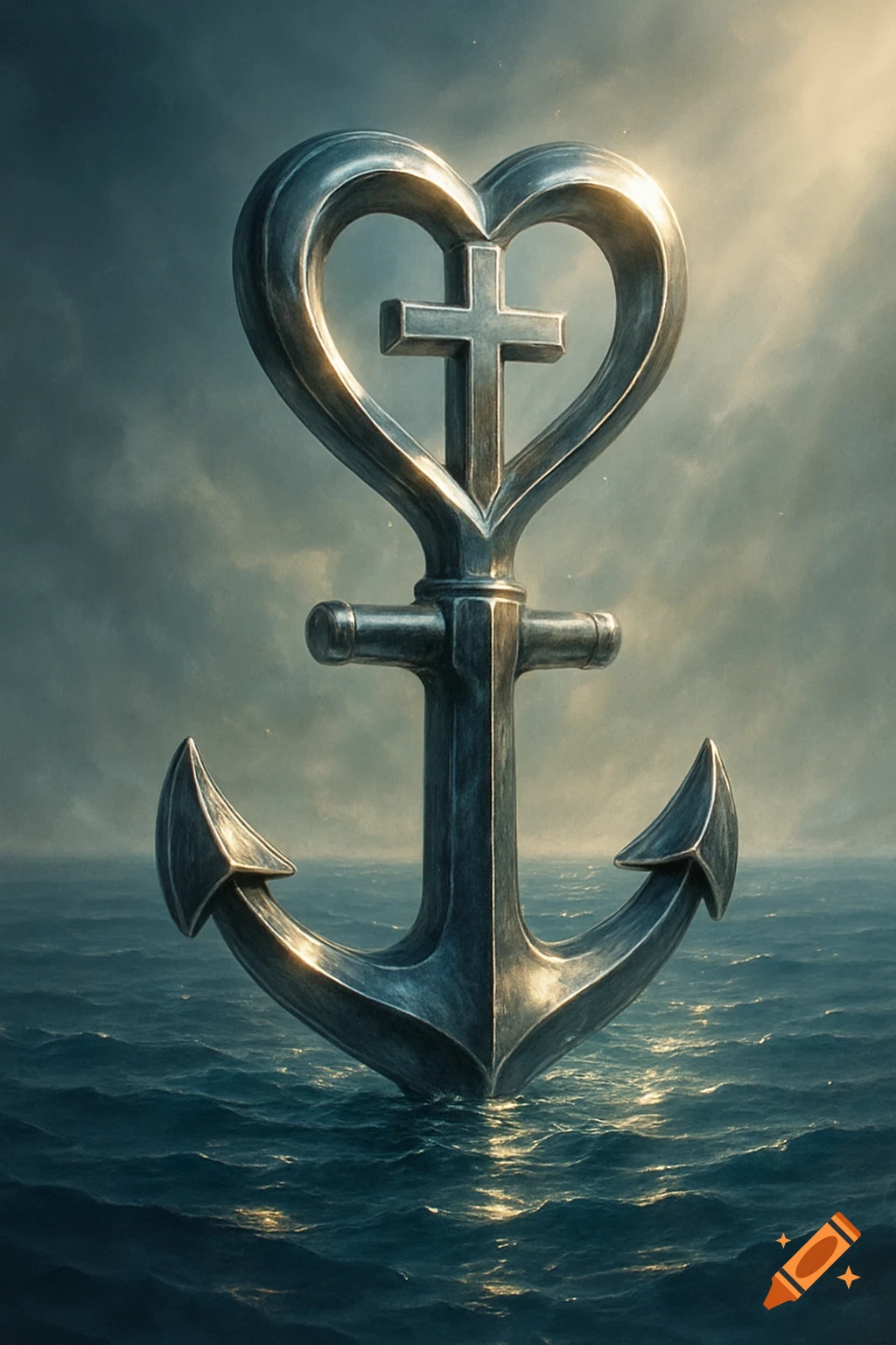 A metallic anchor with a heart and cross design on its top, partially submerged in dark water under a cloudy sky.