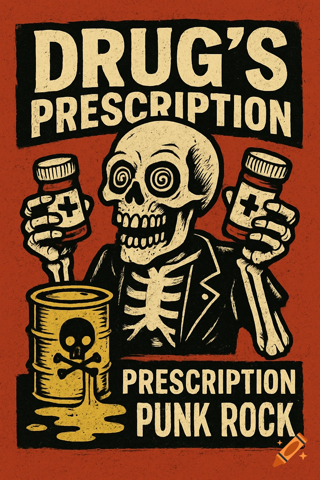 A stylized red and black punk rock poster features a skeleton holding two pill bottles, with a chemical barrel spilling yellow liquid and a skull and crossbones. Text reads 'DRUG'S PRESCRIPTION' and 'PRESCRIPTION PUNK ROCK'.