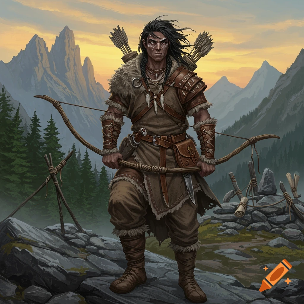 A solemn ranger with a recurved bow stands on a rocky mountain trail at golden dusk. He wears fur-lined leather, a satchel, and carries arrows.