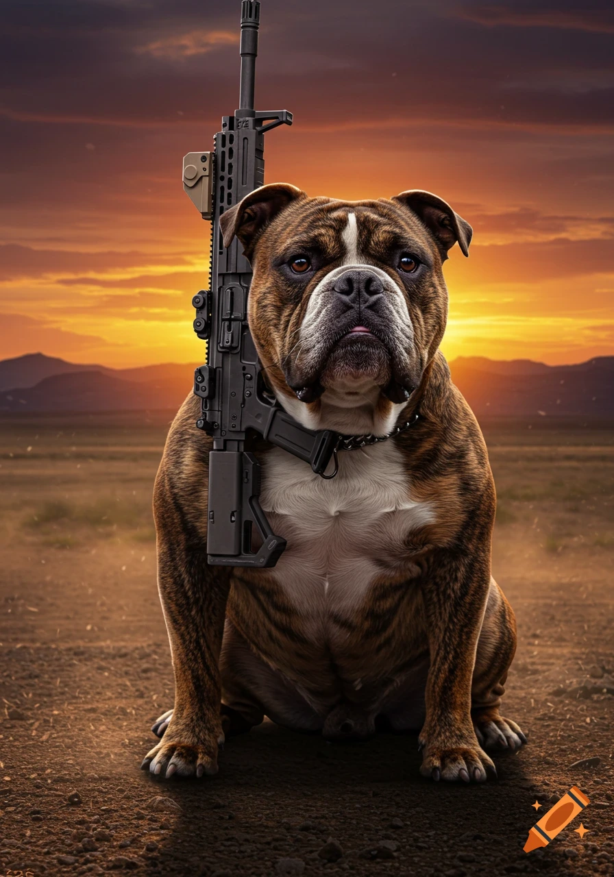 A photorealistic brindle bulldog sits in a desert landscape with an AR-15 rifle leaning against its shoulder at sunset.