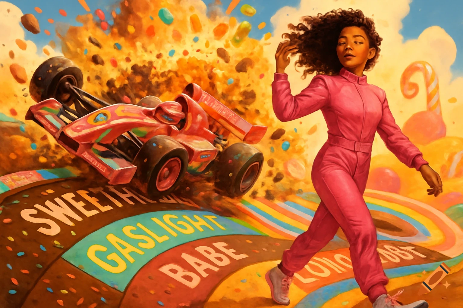 A confident girl in a pink racing suit walks from a crashing candy-themed race car on a sugary track with words.
