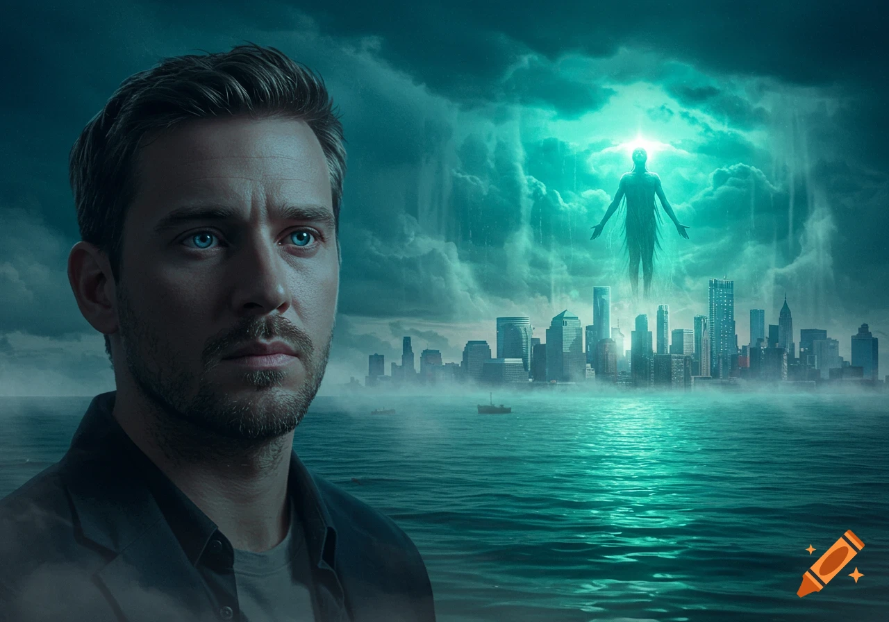 Man with blue eyes looks at a futuristic city skyline over water, with a glowing humanoid figure descending from turquoise clouds.