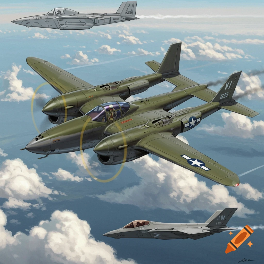A detailed illustration of a green P-38 Lightning propeller plane flying above clouds, with two gray F-35 fighter jets in the background.